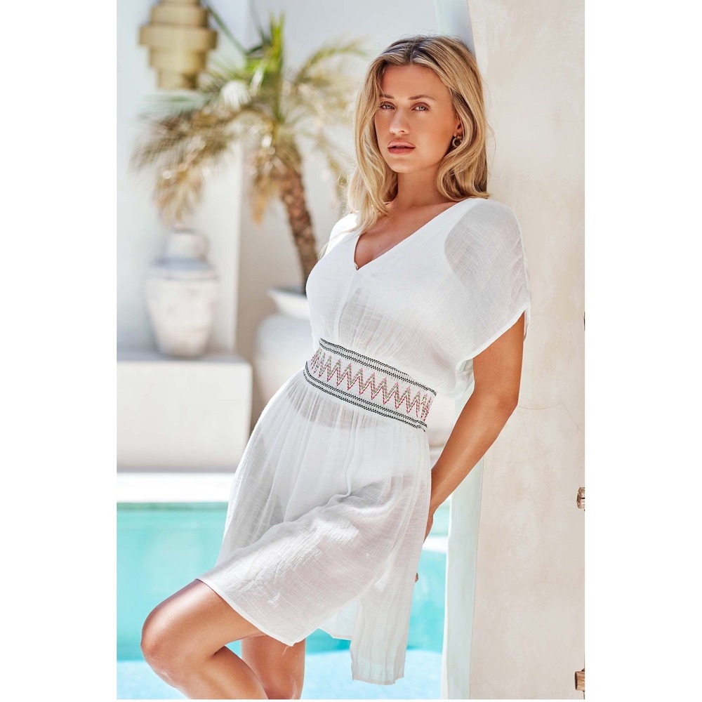 White Smocked Embroidered Swim Cover Up Dress - Picture 3 of 8